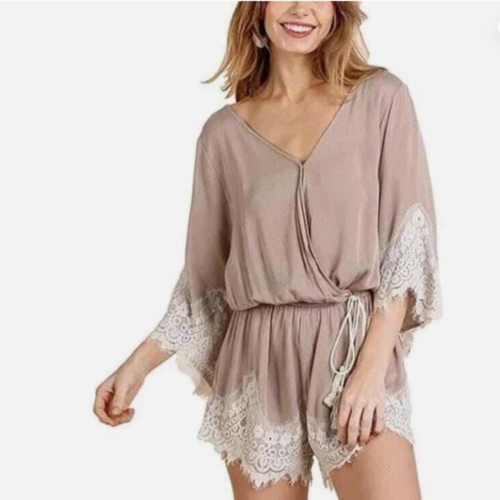 Umgee Taupe V-Neck Romper with Lace Trim